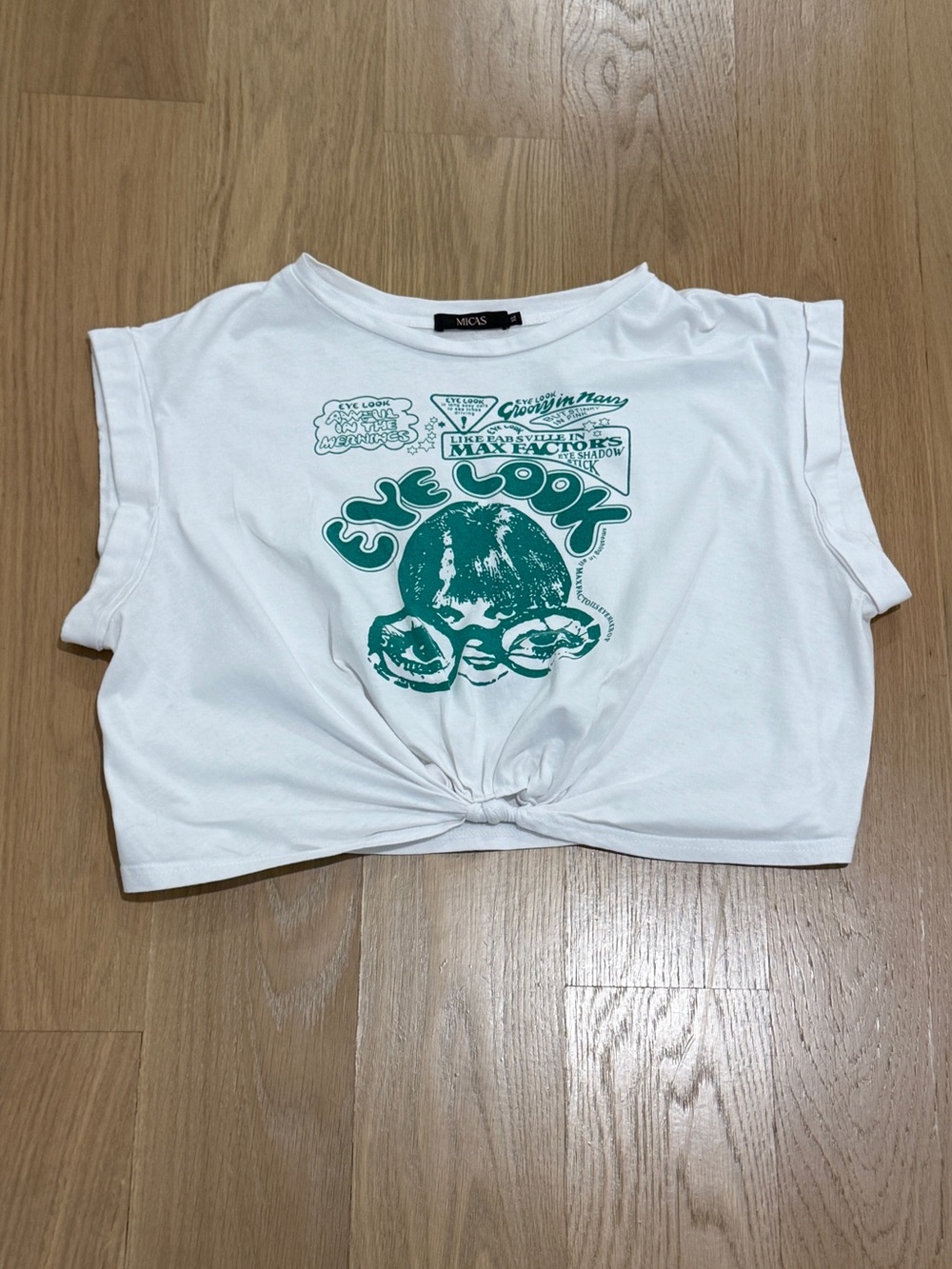 MICAS White Graphic Tie-Front Crop Top with Green Print